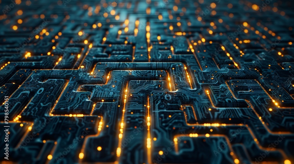 A sprawling maze carved into a circuit board, with glowing pathways representing data flow and a single exit symbolizing a solution. A sprawling maze carved into a circuit board, with glowing pathways representing data flow and a single exit symbolizing a solution.