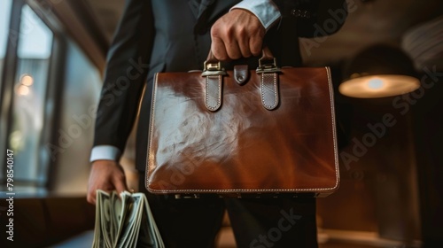 A close-up of a businessman hand holding a briefcase and offering a cash bribe