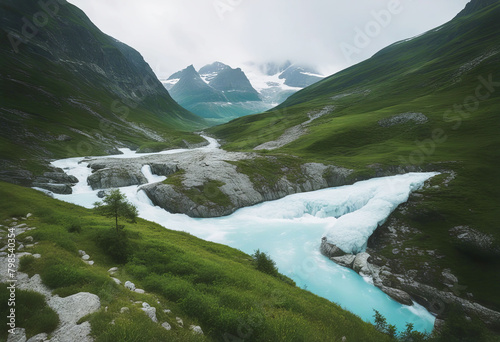 'ice blue jostedal giant tongue melts valley glacier mountains rocky green tourist big waterfalls white bus norway rides road summer cloudy day recreational vehicles travel camper motorhome' photo