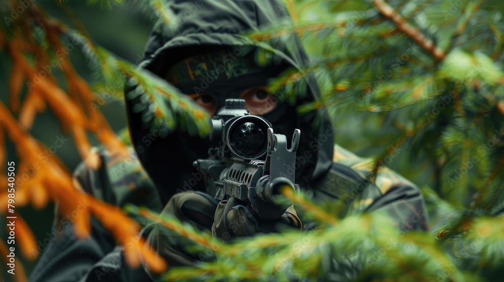 Naklejka premium Soldier with a gun equipped with an optical sight concealed among spruce branches in a forest area
