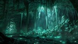 A vast, echoing cavern with jagged stalactites hanging from the ceiling and glowing green bioluminescent organisms in the depths.  