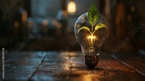 A vintage filament light bulb reimagined with a plant growing inside, representing the growth of ideas. 