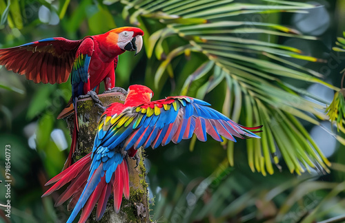A colorful macaw parrot is perched on the trunk of an palm tree  while another one flies away with its wings spread wide in their tropical rainforest habitat.