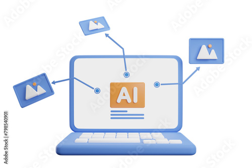 Blue laptop creates images from AI 3d render icon illustration.