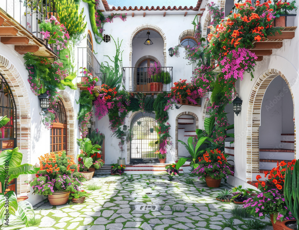 an Andalusian house in Malaga with white walls, wooden windows and arches decorated with flowers. The courtyard has stairs leading to the entrance door surrounded by greenery