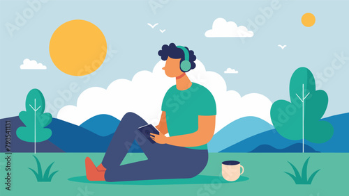 A man puts on a calming playlist and sits outside in the sun taking a few moments to practice gratitude and focus on the present moment as a form of.