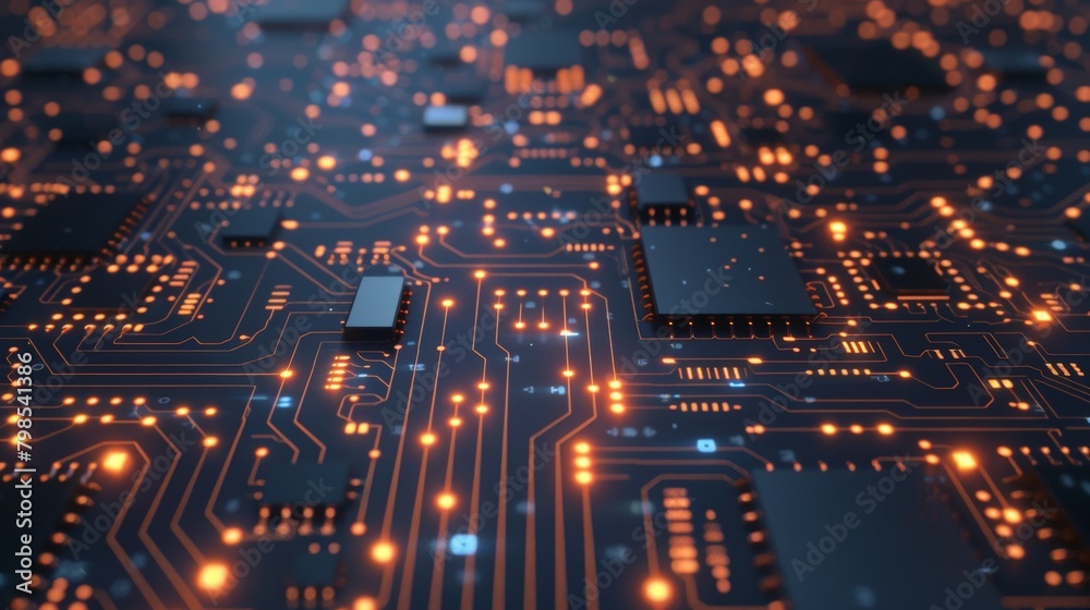 A circuit board rendered entirely in wireframe, with glowing nodes and connections depicting the flow of information. A circuit board rendered entirely in wireframe, with glowing nodes and connections depicting the flow of information.