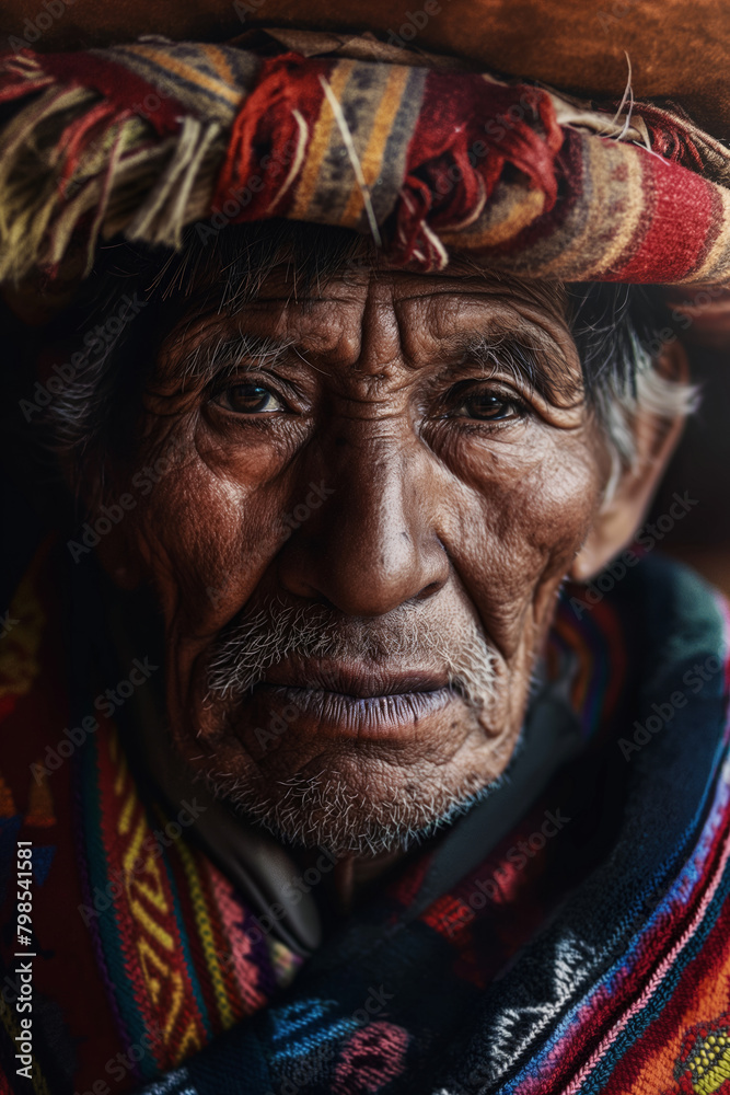 Vertical portrait of an old Aymara man, vacation and travel to popular Andean destinations, learning the heritage and traditions of the indigenous people