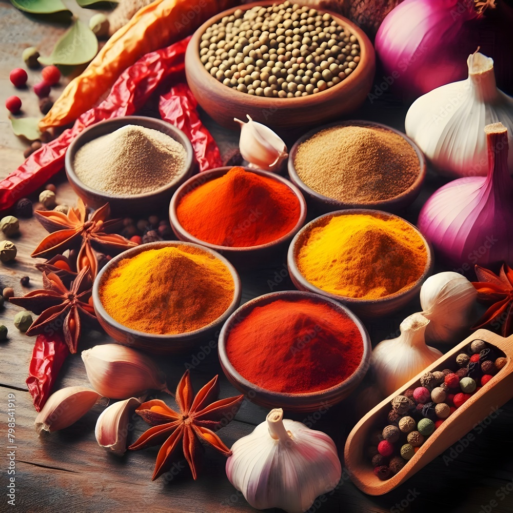 Indian spices on a table, vibrant and fresh with turmeric and cardamom and a traditional brass spice box and a colorful silk tablecloth, rustic and earthy background