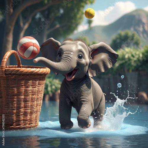 An little elephant throws the ball at the basket .the is a 3d render. © Naila