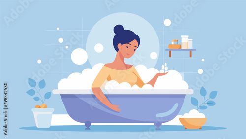 A woman sits in a bubble bath enjoying a moment of peace and solitude as she practices selfcare through relaxation and pampering..