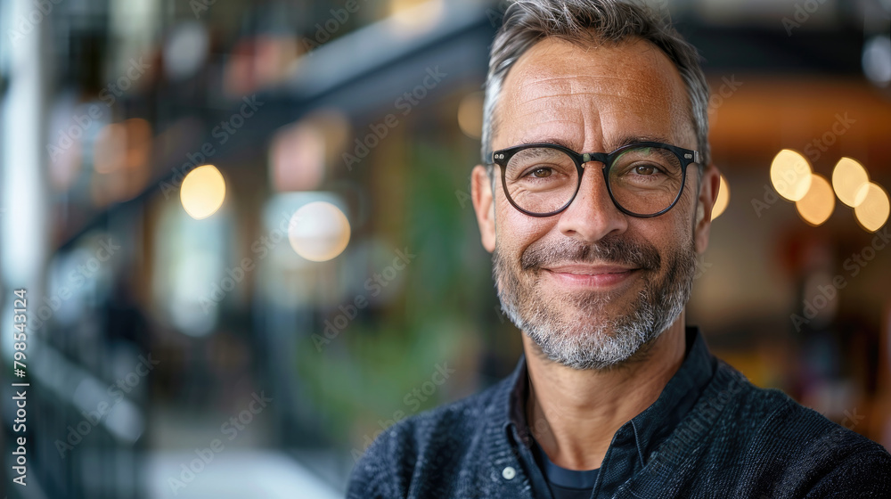 Portrait of happy bearded successful man in casual clothes and stylish glasses smiling friendly, looking at camera indoors in blurred office Portrait of happy bearded successful man in casual clothes and stylish glasses smiling friendly, looking at camera indoors in blurred office