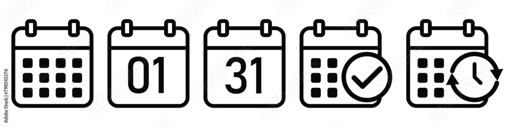 Calendar icon set. calendar planner icons for app, website, ui. reminder organizer event signs. business plan schedule. vector symbol on transparent background.