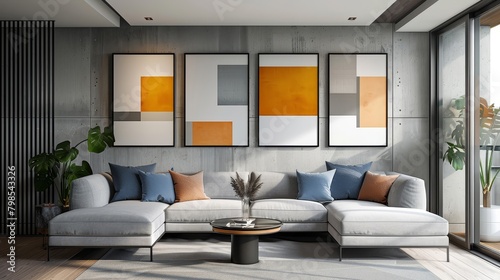 Modern living room interior with grey sofa  orange and blue paintings  and coffee table with vase of decorative plants.