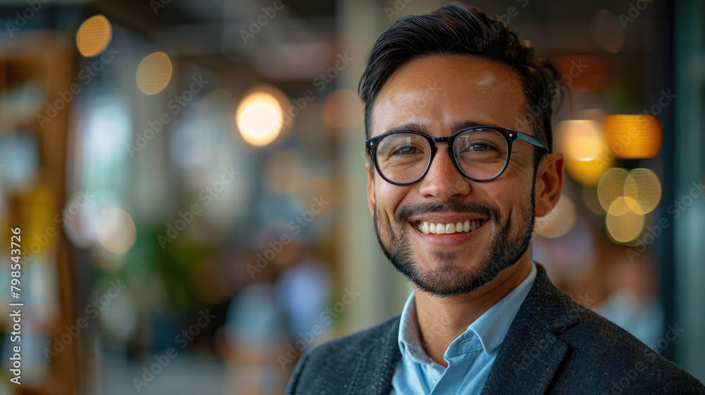 Portrait of happy bearded successful man in casual clothes and stylish glasses smiling friendly, looking at camera indoors in blurred office Portrait of happy bearded successful man in casual clothes and stylish glasses smiling friendly, looking at camera indoors in blurred office