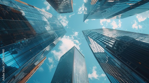 This is a photo looking up at a skyscraper made of reflective glass and steel with a blue sky and wispy white clouds in the background.  