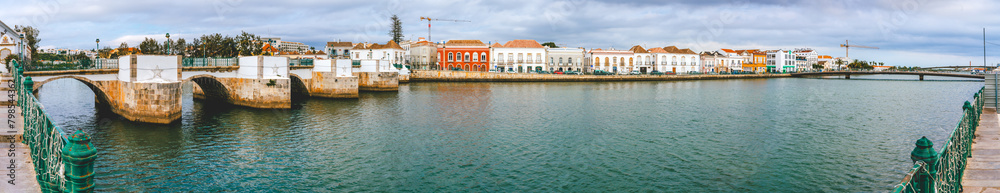 Two bridges and river waterfront in Tavira, Portugal, panorama