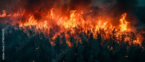 Firefighters battling a massive wildfire that has engulfed a forest. photo