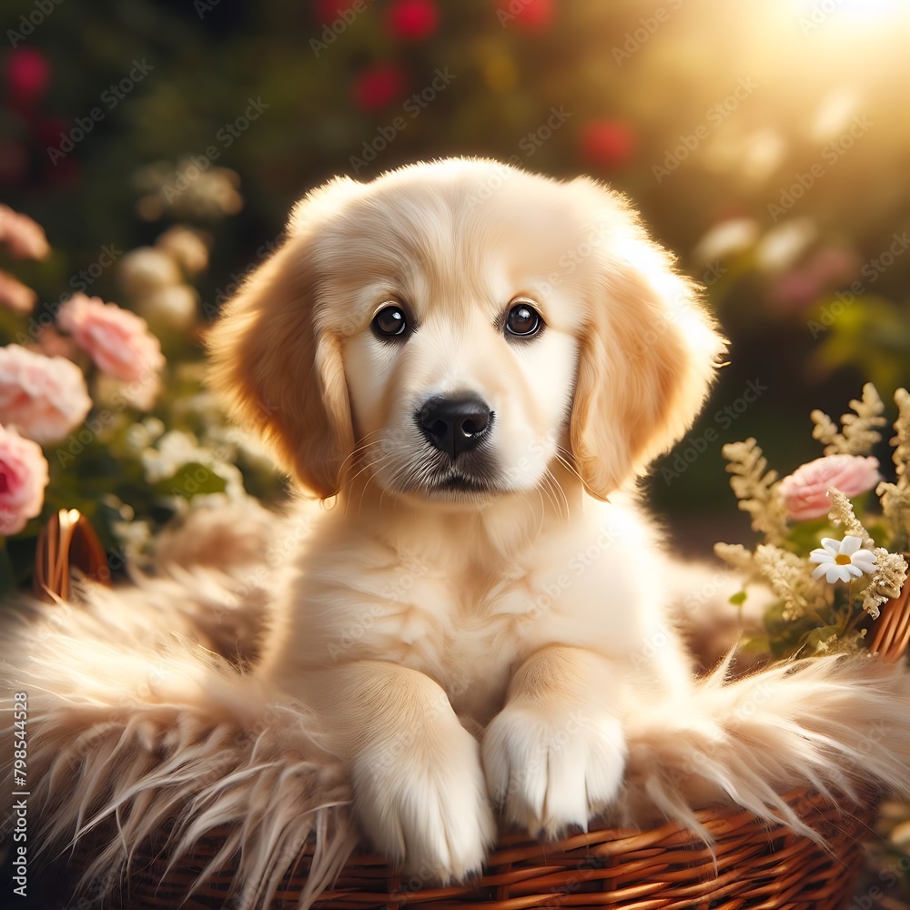 Obraz premium golden retriever puppy with flower