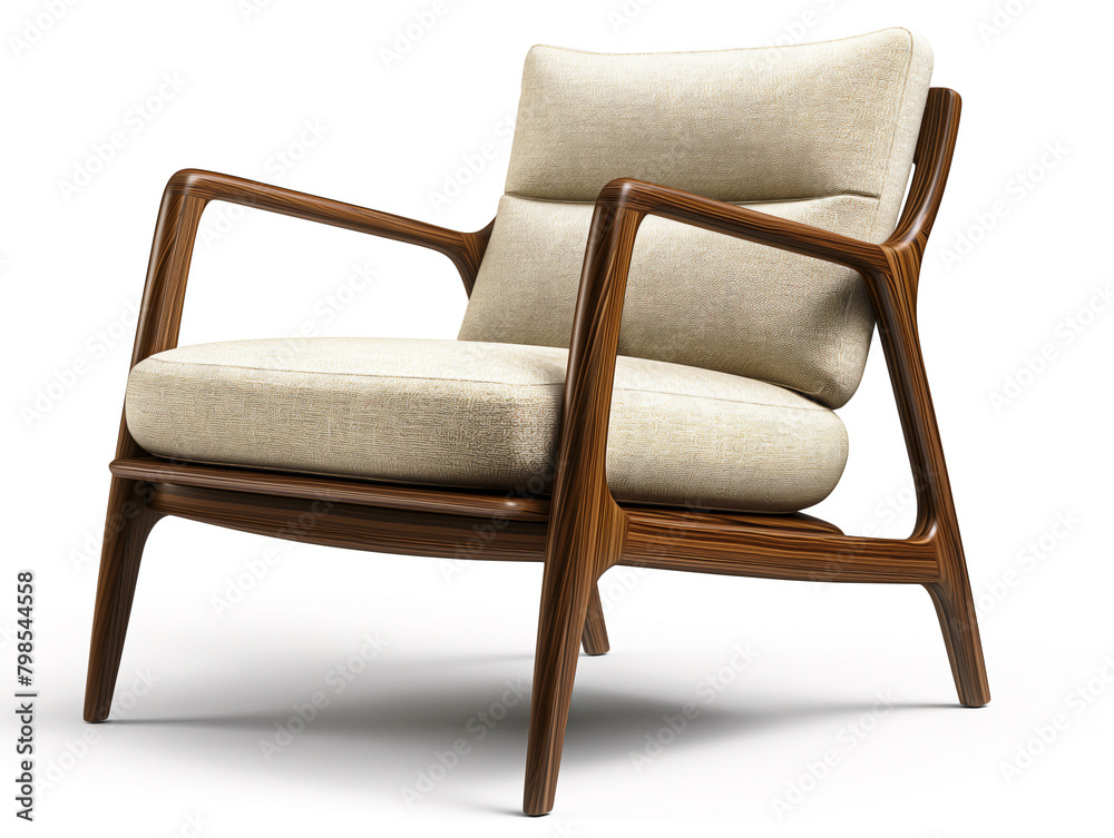 Generate an image of a Scandinavian-style dark wood frame armchair with a light fabric seat isolated on a white background Generate an image of a Scandinavian-style dark wood frame armchair with a light fabric seat isolated on a white background