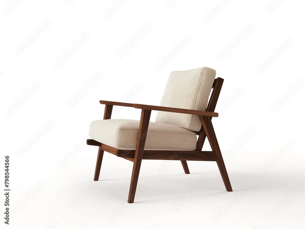 Generate an image of a Scandinavian-style dark wood frame armchair with a light fabric seat isolated on a white background