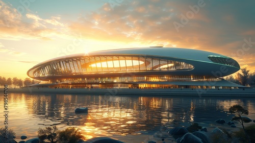 Architectural Rendering of Solar-Powered Sports Stadium - Innovative Design, Community Landmark, Futuristic Leisure photo