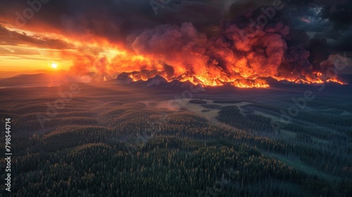 Firefighters battle a wildfire that burns through a forest. The flames are intense.