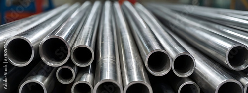 Closeup of Stacks of stainless steel pipes in background , metallurgical industry backdrop concept image, steel