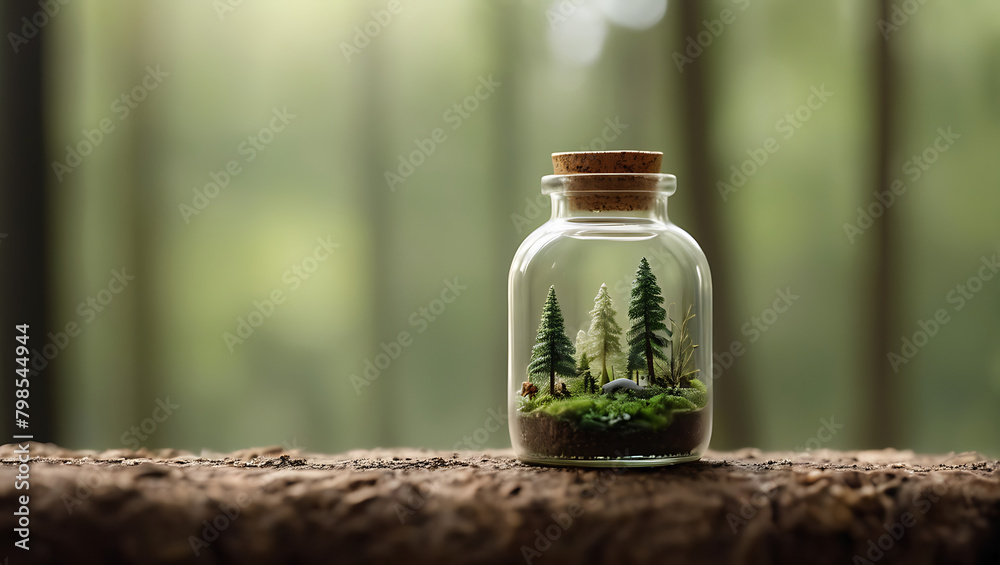 Miniature Nature in a bottle with a view of a forest inside a glass jar on simple background, bokeh blurred, isolated Miniature Nature in a bottle with a view of a forest inside a glass jar on simple background, bokeh blurred, isolated