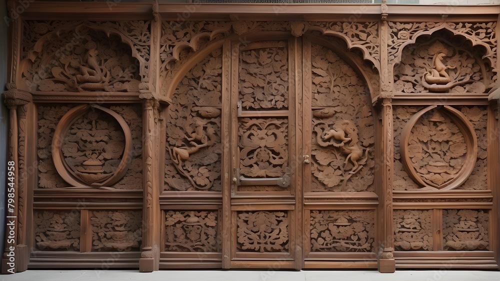A set of intricately carved teak doors showcasing fine craftsmanship