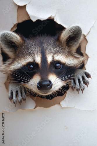 cute raccoon sticking its head out of the hole in white paper, cute, adorable, cutout sticker style, isolated on plain white background photo