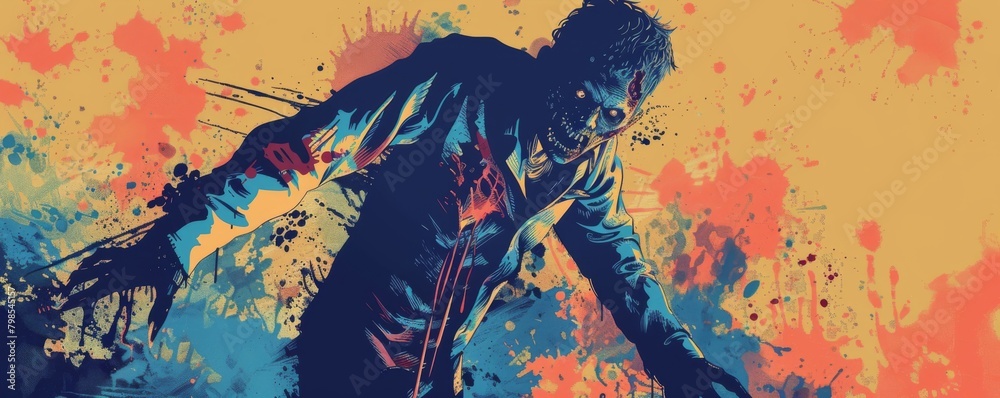 Detailed 2D vector graphic of a zombie in midwalk, featuring a creepy design suitable for Halloweenthemed digital art