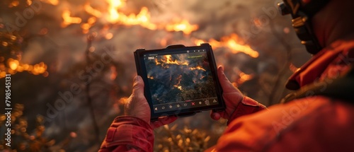 Firefighter uses a tablet to track the progress of a wildfire. photo