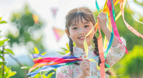 Happy Asian girl playing with colorful kite in a sunny day, outdoors, in sunlight and shadow, with a bokeh background