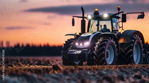 Modern agricultural tractor plowing field at sunset  perfect for agricultural and farming themed designs and projects.