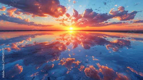 Dramatic Sunset View of Sprawling Solar Farm with Vibrant Sky and Serene Background © Exnoi