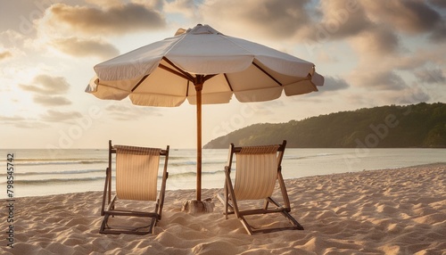 Beach umbrella with chairs on the sand. summer vacation concept. 3d rendering,beach, umbrella, sand, sea, chair, ocean, vacation, summer, travel, 