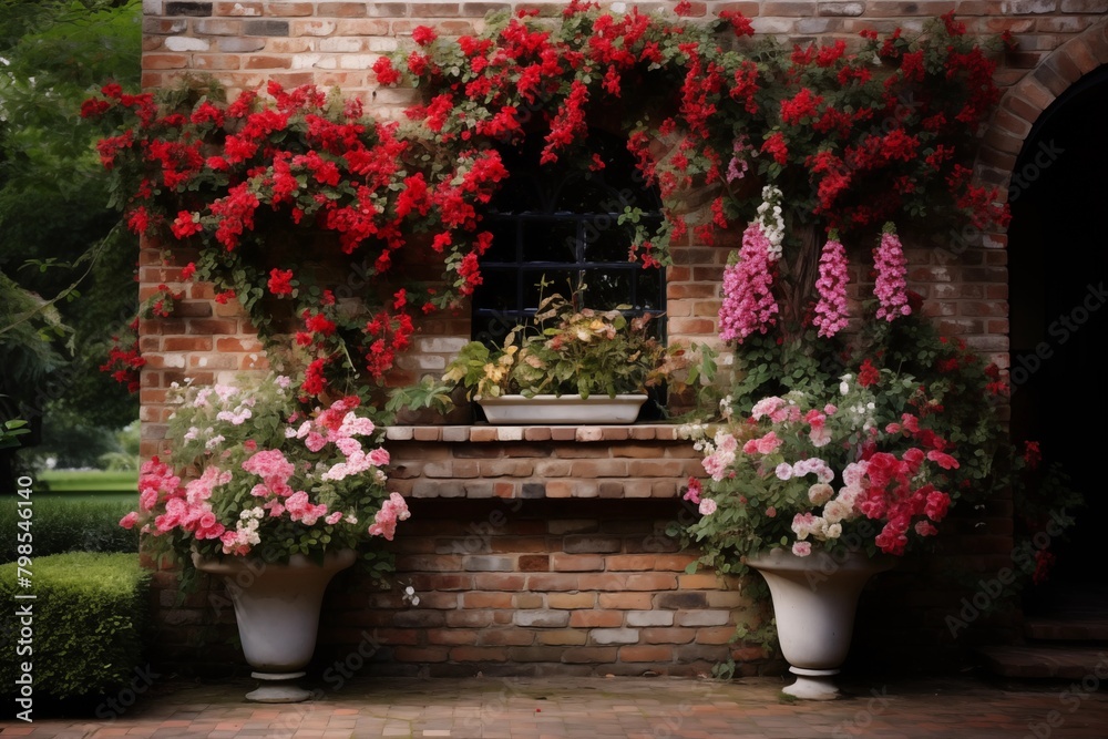 Watercolor English style brick wall garden with flowers