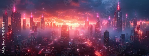 Dystopian Technology Cityscape with AI-driven Devices in Dark Neon 3D Graphics - High-Tech Apocalypse Concept © Exnoi