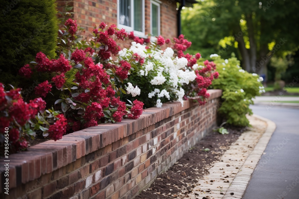 Watercolor English style brick wall garden with flowers