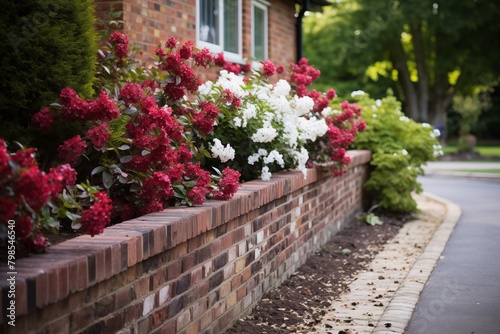 Watercolor English style brick wall garden with flowers