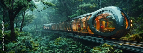Futuristic AI-Driven Public Transport System in Lush Forest Environment - Eco-Friendly Technology