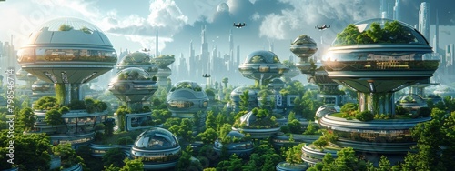 Futuristic Cityscape with Flying Electric Cars and Green Rooftops photo