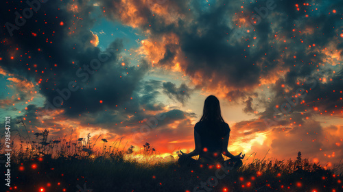 A silhouette of a woman meditating in nature with a beautiful sunset sky and glowing stars, a fantasy illustration in the style of fantasy art © Jirut