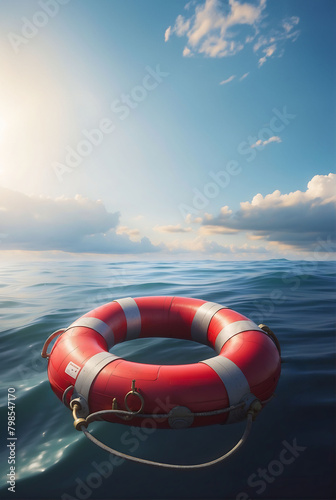 a red lifebuoy in the ocean, safety concept