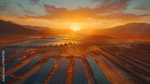 High-Altitude View of Desert Transformed by Massive Solar Farms - Impressive Scale, Stark Natural Beauty, Powerful Contrast photo