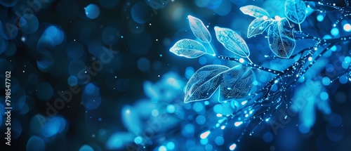 The image is a close-up of a plant with blue leaves and blue water droplets on it. The background is blurred and dark blue. The image is very detailed and looks like a painting.