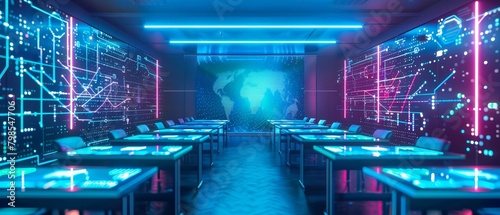 The image is a futuristic laboratory with a blue and purple neon glow. There are several glass tables in the center of the room, each with a different experiment or device on it.