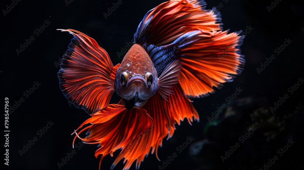 A Betta fish flaring its fins in a display of aggression, its fierce expression adding drama and intensity to its aquatic environment.