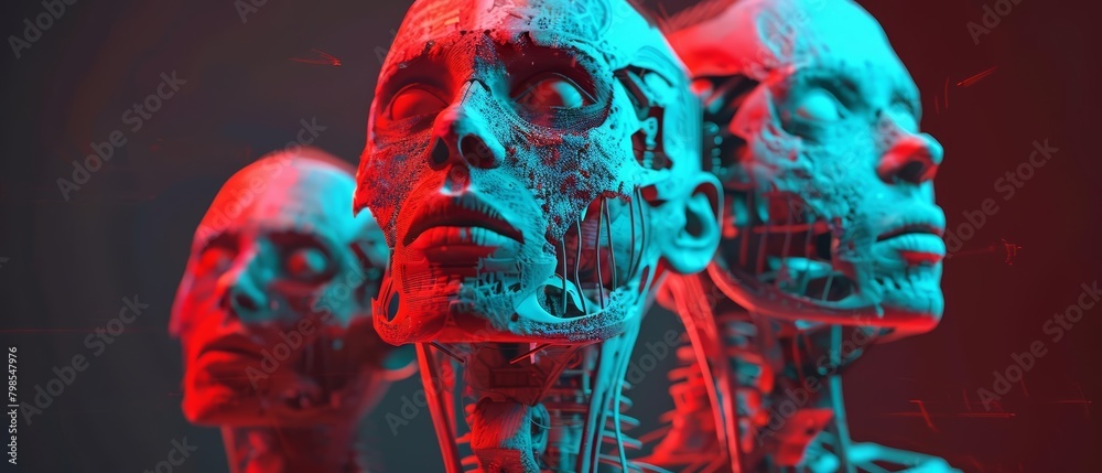 The image shows three human heads made of metal with red and blue lights reflecting on the surface. The image shows three human heads made of metal with red and blue lights reflecting on the surface.